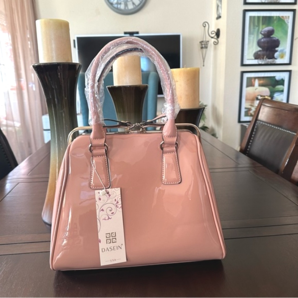 $69 Dasein Patent Leather Frame Satchel Bag w/Dust Bag NWT